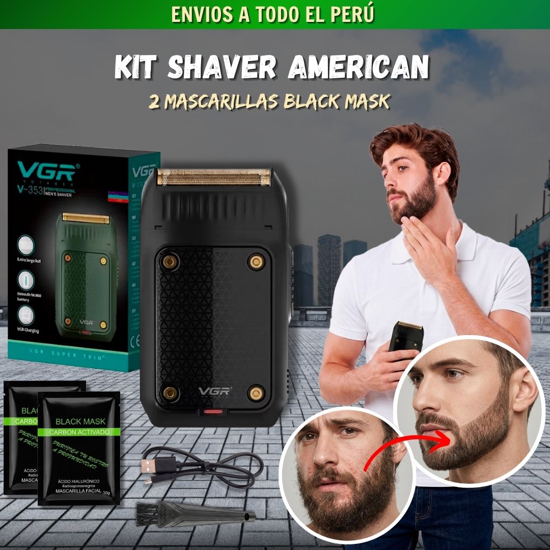 KIT SHAVER AMERICAN + CARGADOR + CEPILLO + 2 MASCARILLA BLACK MASK T1